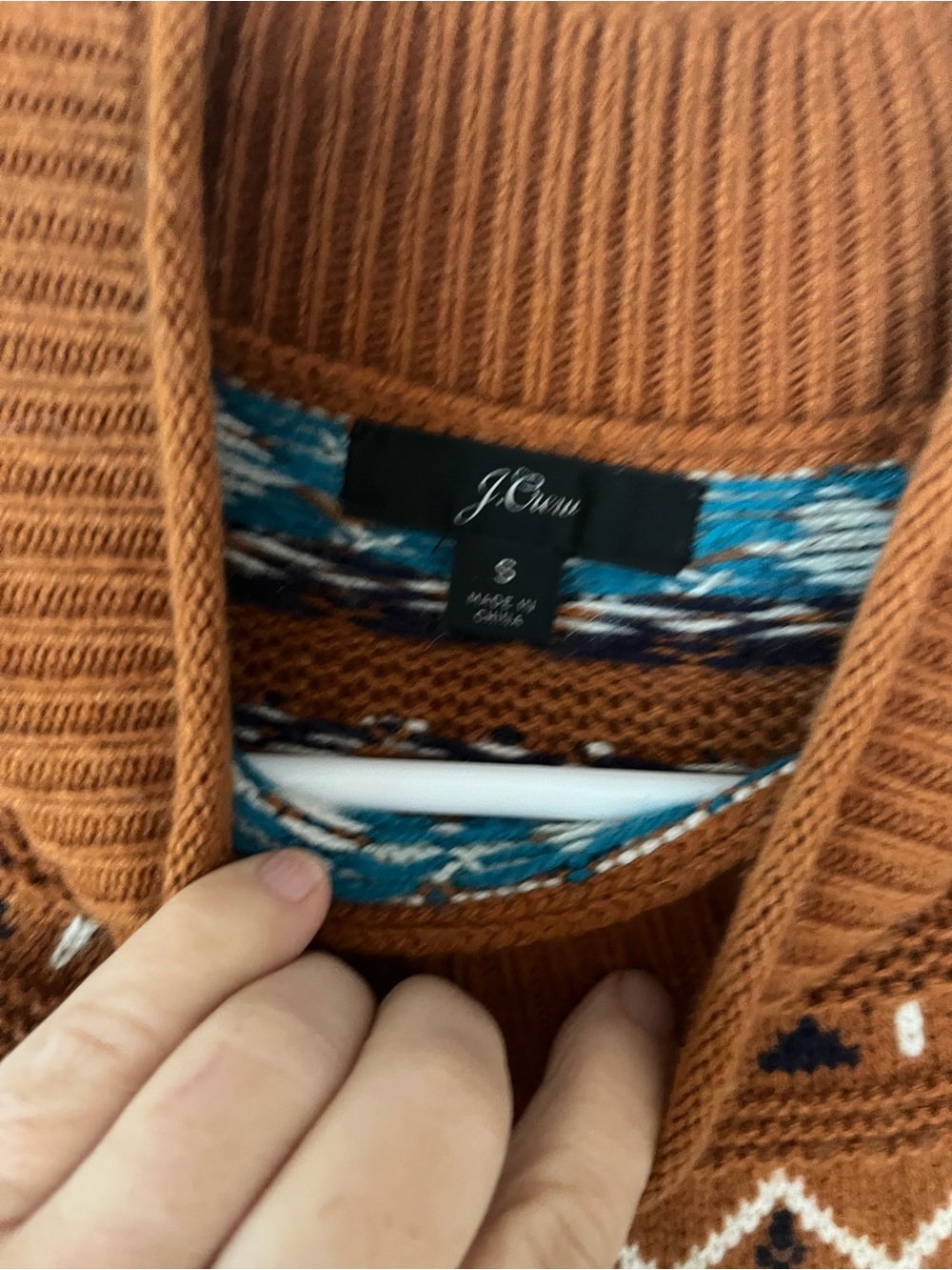 J.Crew SzS Fair Isle Lambswool Blend Mock Neck Sweater, Rust/Royal - Picture 2 of 7